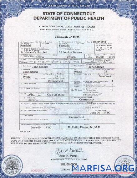 Downloadable USA Connecticut state birth certificate template in PSD format